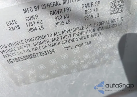 2016 Chevrolet Cruze Lt Auto из США, поврежденный, VIN 1G1BE5SM2G7253189